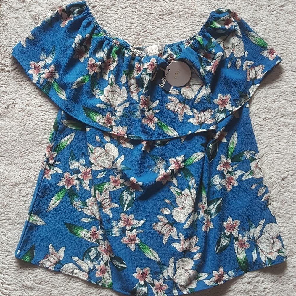 COOPER & ELLA Top Floral Blue Ruffle Top NEW Size XS